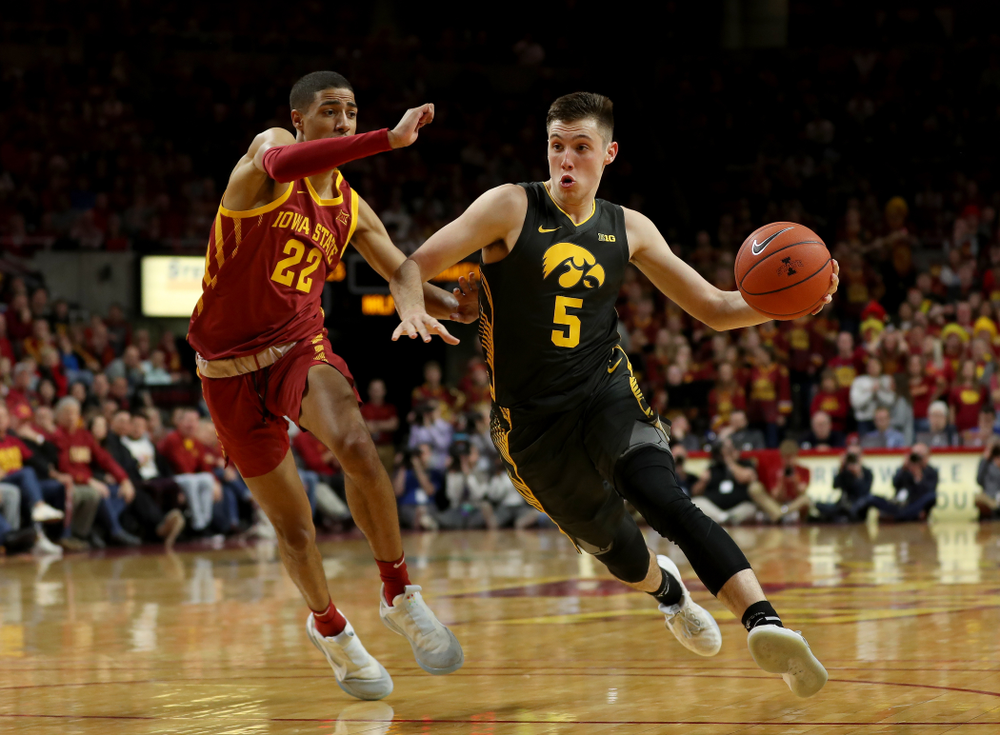 Iowa Hawkeyes guard CJ Fredrick (5) against the Iowa State Cyclones Thursday, December 12, 2019 at Hilton Coliseum in Ames, Iowa(Brian Ray/hawkeyesports.com)