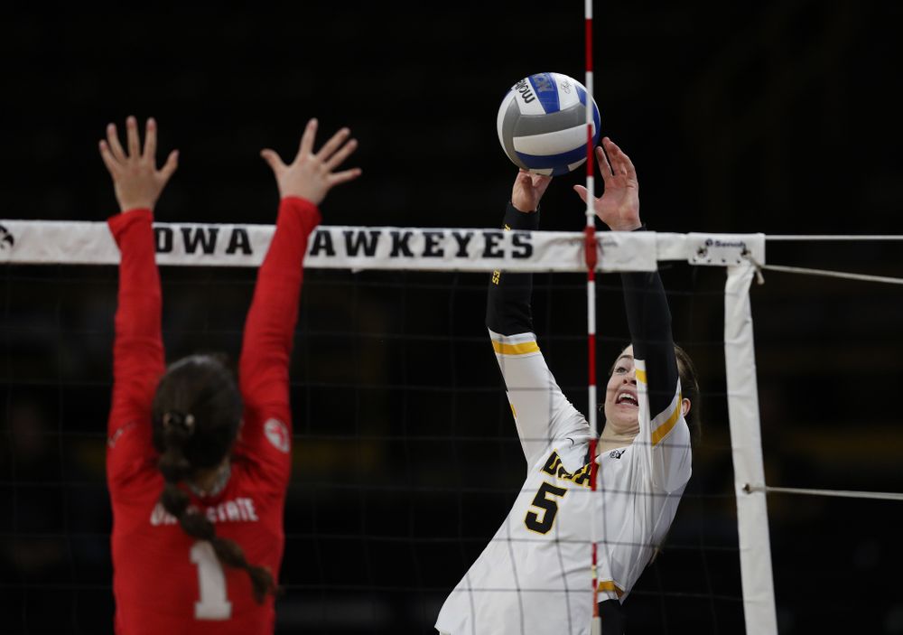 Iowa Hawkeyes outside hitter Meghan Buzzerio (5) against the Ohio State Buckeyes Saturday, November 24, 2018 at Carver-Hawkeye Arena. (Brian Ray/hawkeyesports.com)