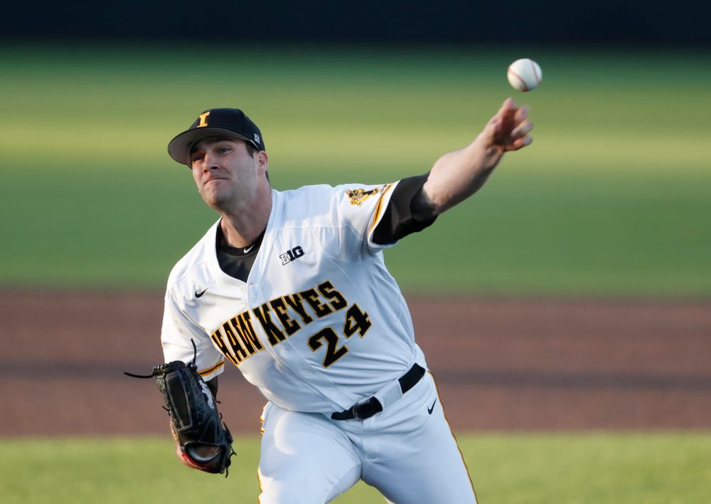 Iowa Hawkeyes pitcher Nick Allgeyer (24) against the Michigan Wolverines Friday, April 27, 2018 at Duane Banks Field in Iowa City. (Brian Ray/hawkeyesports.com)
