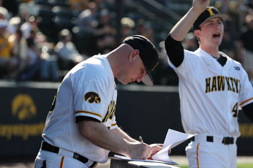 Iowa Hawkeyes assistant coach Robin Lund against the Nebraska Cornhuskers Saturday, April 20, 2019 at Duane Banks Field. (Brian Ray/hawkeyesports.com)