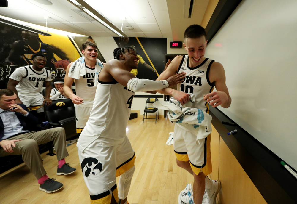 Iowa Hawkeyes guard Bakari Evelyn (4) and guard Joe Wieskamp (10) against the Maryland Terrapins Friday, January 10, 2020 at Carver-Hawkeye Arena. (Brian Ray/hawkeyesports.com)