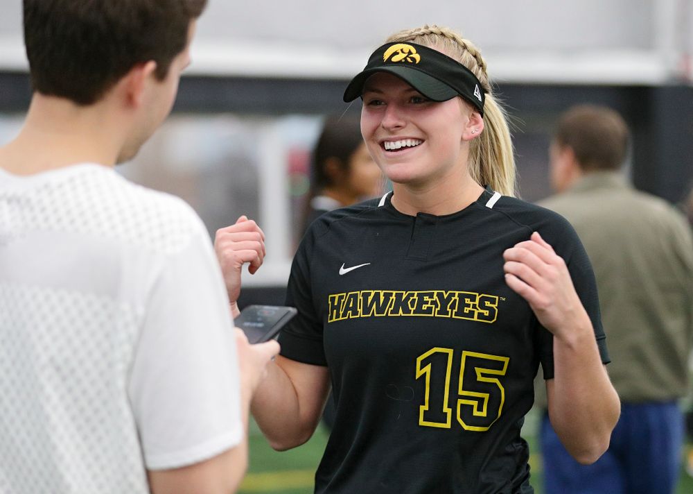 Iowa infielder Erin Carter (15) answers questions during Iowa Softball Media Day at the Hawkeye Tennis and Recreation Complex in Iowa City on Thursday, January 30, 2020. (Stephen Mally/hawkeyesports.com)