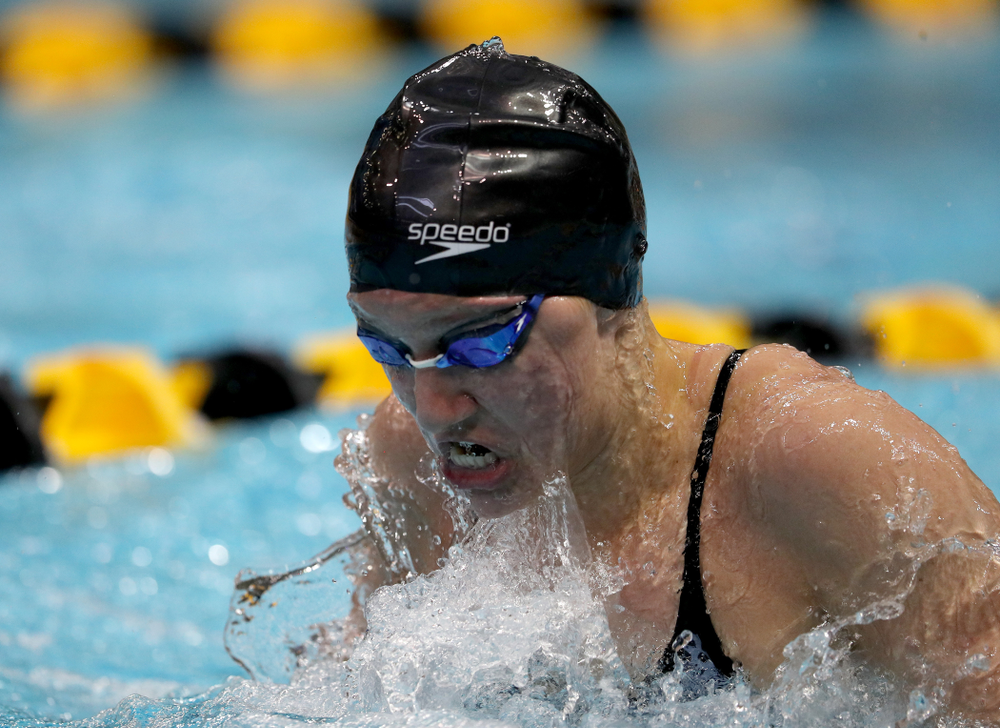 IowaÕs Sage Ohlensehlen competes in the 100 yard breaststroke against Notre Dame and Illinois Saturday, January 11, 2020 at the Campus Recreation and Wellness Center. (Brian Ray/hawkeyesports.com)