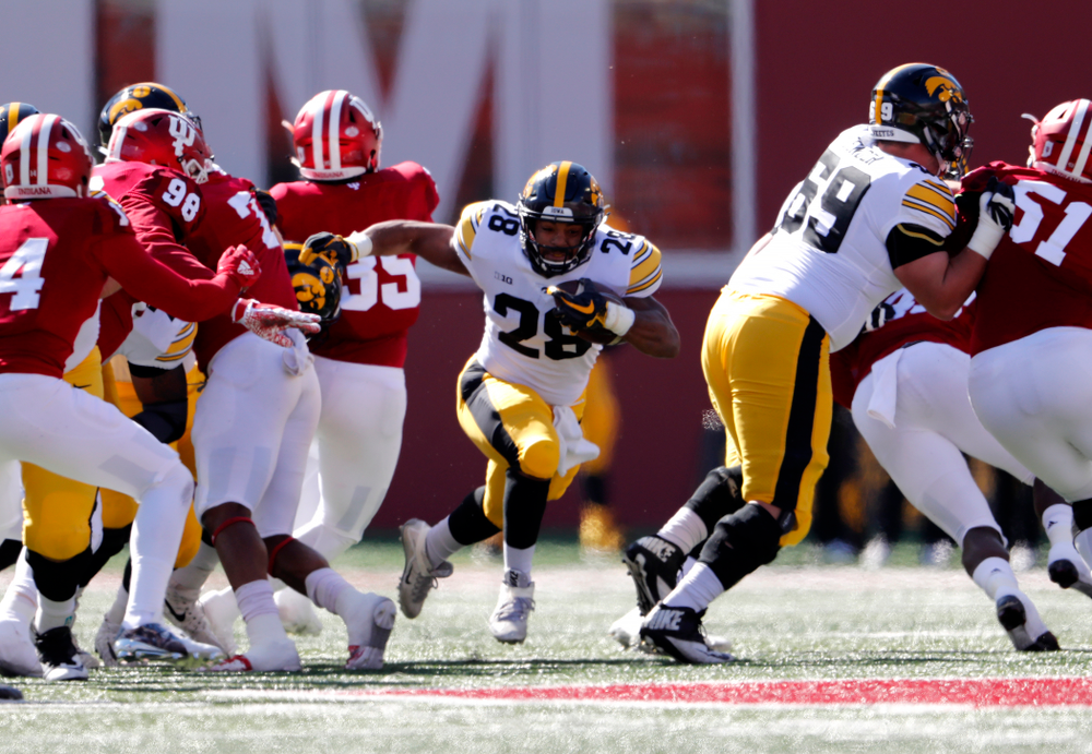 Iowa Hawkeyes running back Toren Young (28) against the Indiana Hoosiers Saturday, October 13, 2018 at Memorial Stadium, in Bloomington, Ind. (Brian Ray/hawkeyesports.com)