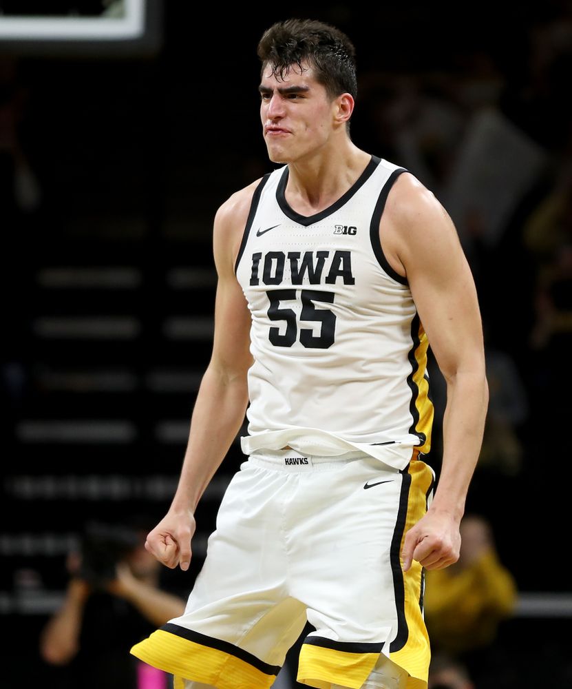 Iowa Hawkeyes forward Luka Garza (55) celebrates a three point basket against the Maryland Terrapins Friday, January 10, 2020 at Carver-Hawkeye Arena. (Brian Ray/hawkeyesports.com)