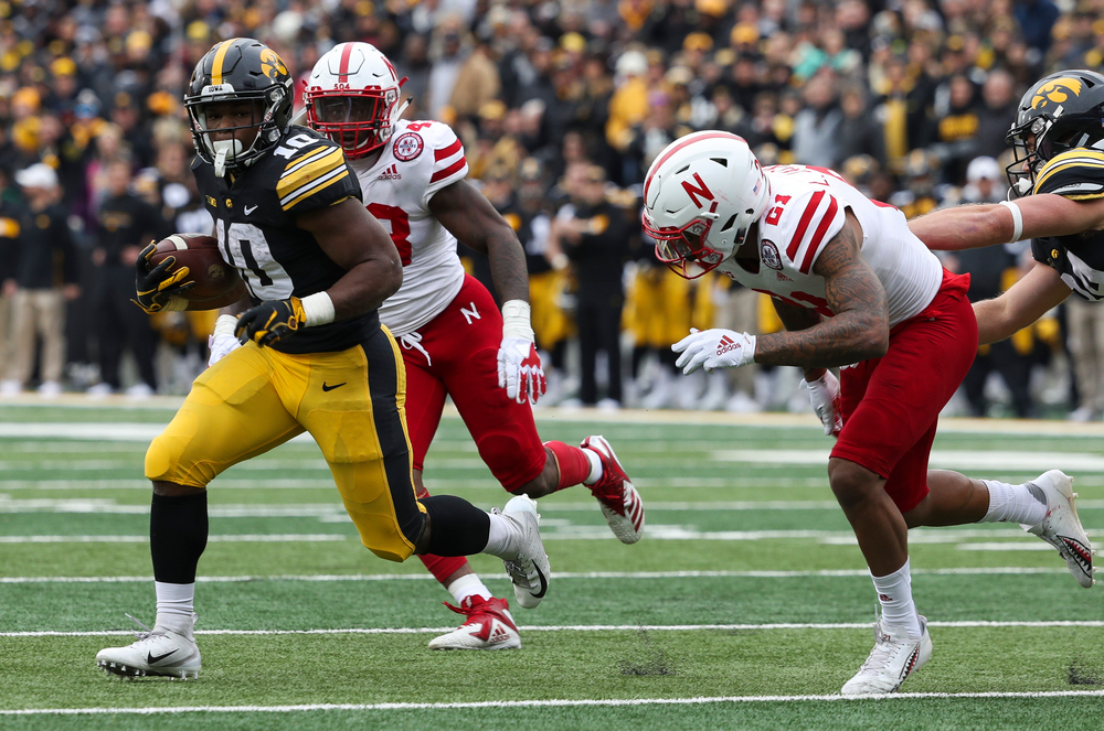 Iowa Hawkeyes running back Mekhi Sargent (10) runs the ball during a game against Nebraska at Kinnick Stadium on November 23, 2018. (Tork Mason/hawkeyesports.com)