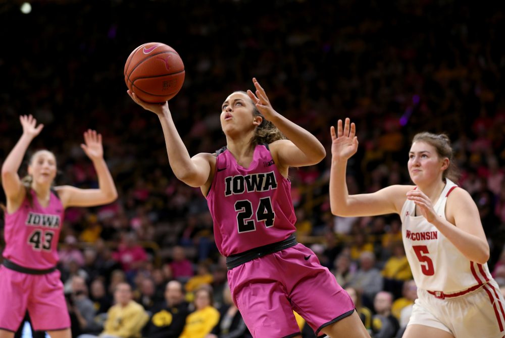 Iowa Hawkeyes guard Gabbie Marshall (24) against the Wisconsin Badgers Sunday, February 16, 2020 at Carver-Hawkeye Arena. (Brian Ray/hawkeyesports.com)