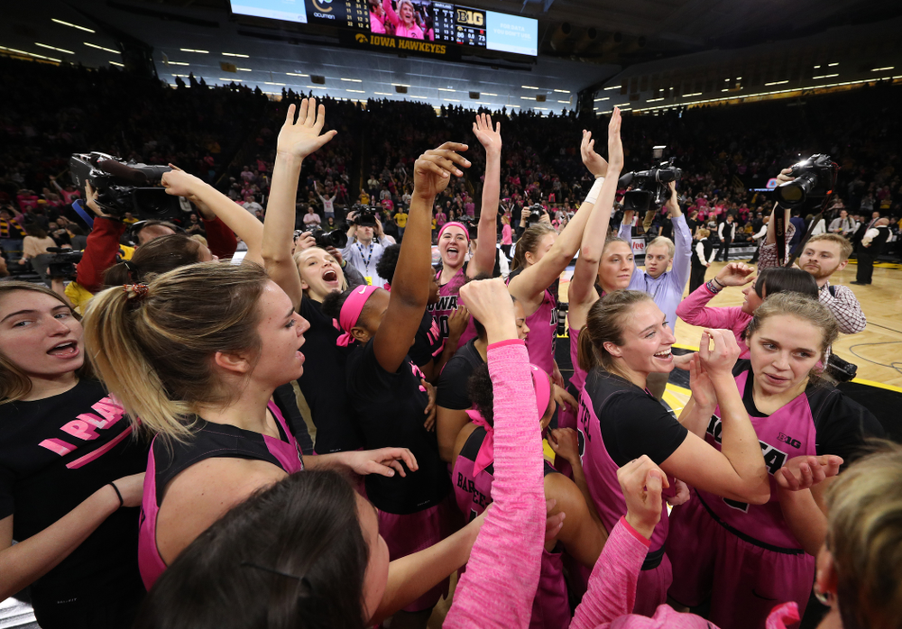 The Iowa Hawkeyes celebrate their victory over the seventh ranked Maryland Terrapins Sunday, February 17, 2019 at Carver-Hawkeye Arena. (Brian Ray/hawkeyesports.com)