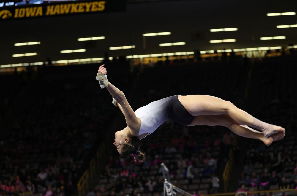 IowaÕs Allie Gilchrist competes on the beam against Ball State and Air Force Saturday, January 11, 2020 at Carver-Hawkeye Arena. (Brian Ray/hawkeyesports.com)
