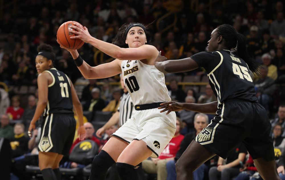 Iowa Hawkeyes forward Megan Gustafson (10) against the Purdue Boilermakers Sunday, January 27, 2019 at Carver-Hawkeye Arena. (Brian Ray/hawkeyesports.com)