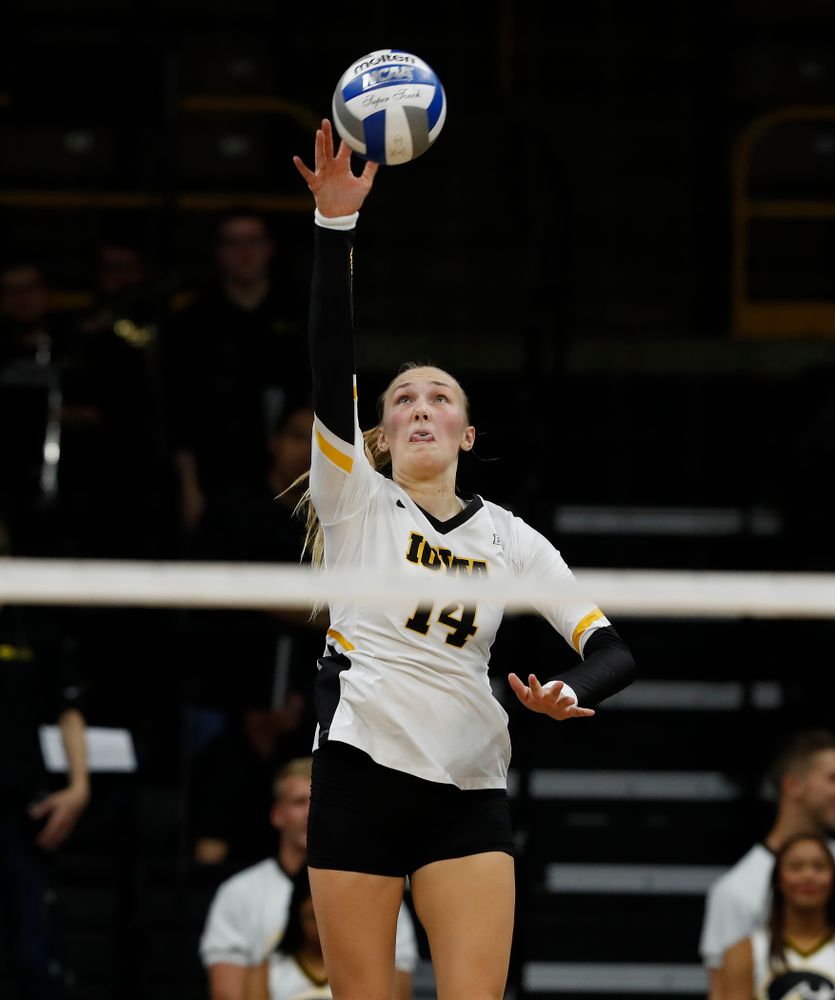 Iowa Hawkeyes outside hitter Cali Hoye (14) against the Michigan Wolverines Sunday, September 23, 2018 at Carver-Hawkeye Arena. (Brian Ray/hawkeyesports.com)