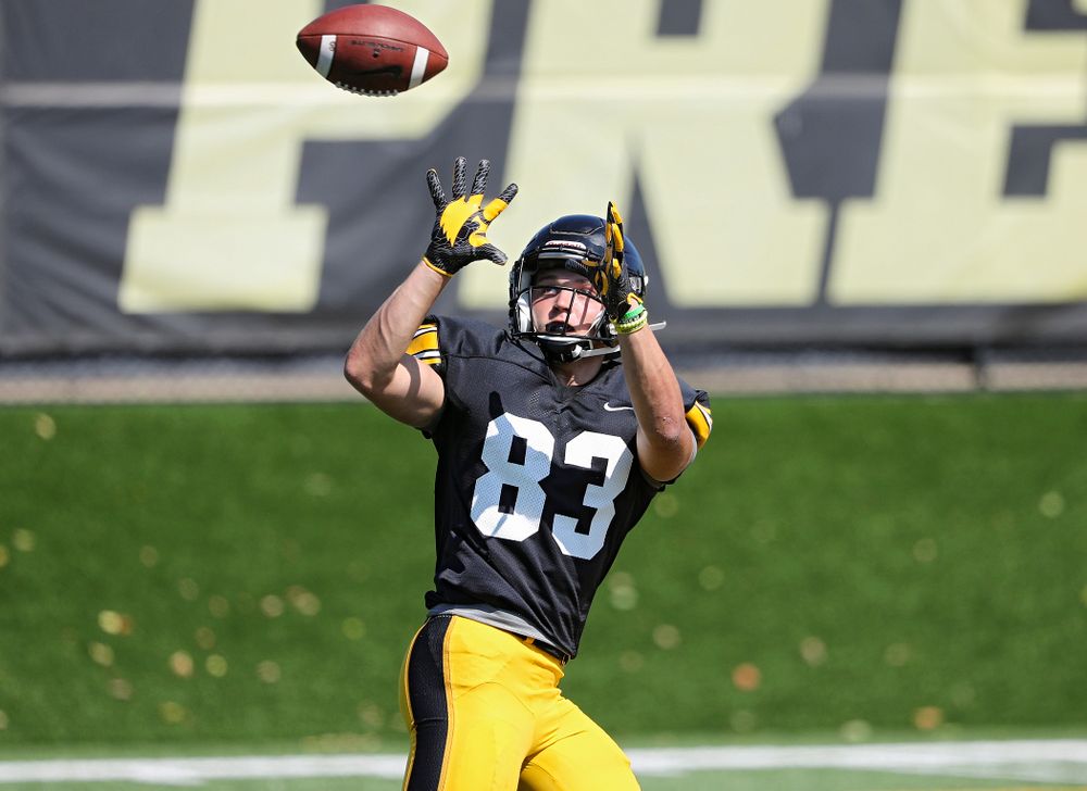Iowa Hawkeyes wide receiver Alec Kritta (83) eyes a pass during Fall Camp Practice #5 at the Hansen Football Performance Center in Iowa City on Tuesday, Aug 6, 2019. (Stephen Mally/hawkeyesports.com)