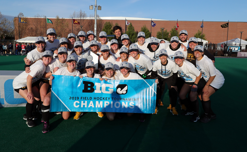 The Iowa Hawkeyes celebrate their 1-0 overtime victory over Penn State to win the 2019 Big Ten Field Hockey Tournament Sunday, November 10, 2019 at Penn State (Brian Ray/hawkeyesports.com)