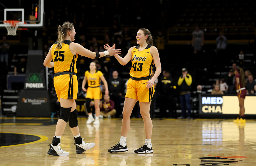 Iowa Hawkeyes forward Amanda Ollinger (43) and forward/center Monika Czinano against the Minnesota Golden Gophers Thursday, February 27, 2020 at Carver-Hawkeye Arena. (Brian Ray/hawkeyesports.com)