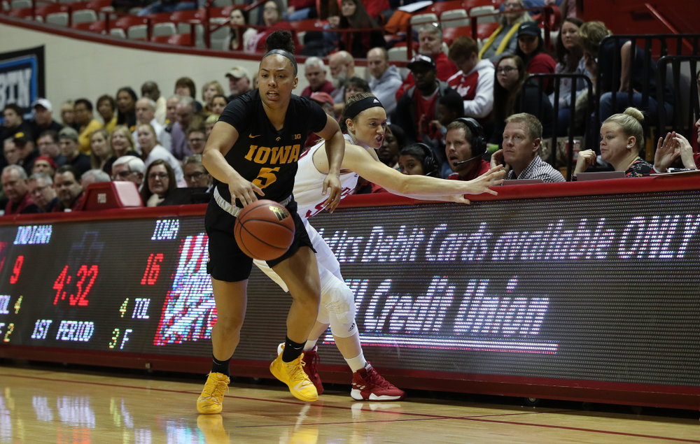Iowa Hawkeyes guard Alexis Sevillian (5) against the Indiana Hoosiers Thursday, February 21, 2019 at Simon Skjodt Assembly Hall. (Brian Ray/hawkeyesports.com)