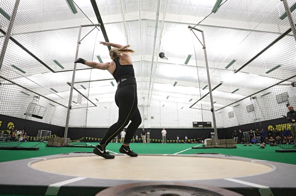 Iowa’s Allison Wahrman throws in the women’s weight throw event during the Hawkeye Invitational at the Hawkeye Tennis and Recreation Complex in Iowa City on Friday, January 10, 2020. (Stephen Mally/hawkeyesports.com)
