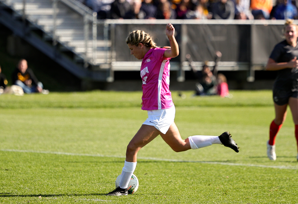 Iowa forward Gianna Gourley (32) scores a goal during the second half of their match at the Iowa Soccer Complex in Iowa City on Sunday, Oct 27, 2019. (Stephen Mally/hawkeyesports.com)