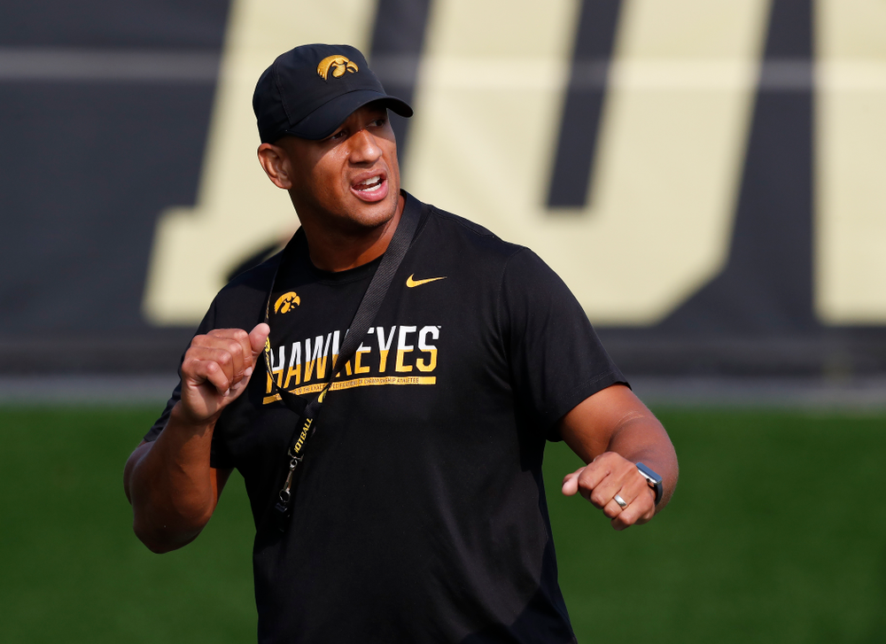 Iowa Hawkeyes special teams coordinator LeVar Woods during camp practice No. 16 Tuesday, August 21, 2018 at the Hansen Football Performance Center. (Brian Ray/hawkeyesports.com)