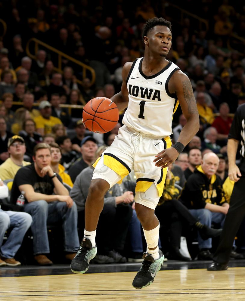 Iowa Hawkeyes guard Joe Toussaint (1) against the Ohio State Buckeyes Thursday, February 20, 2020 at Carver-Hawkeye Arena. (Brian Ray/hawkeyesports.com)