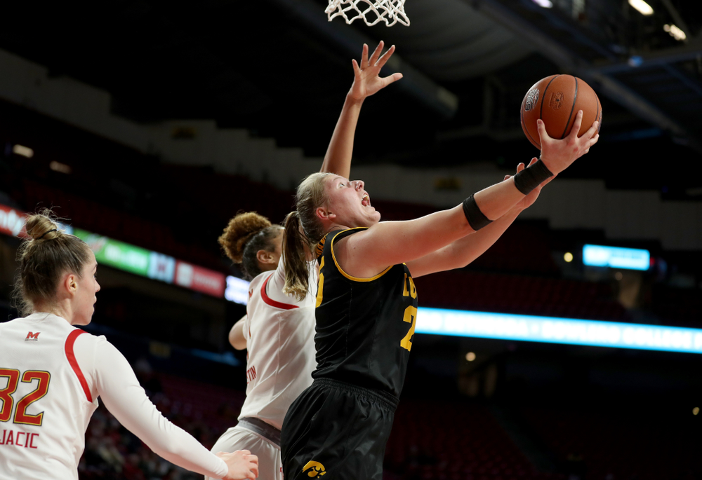 Iowa Hawkeyes forward/center Monika Czinano (25) against the Maryland Terrapins Thursday, February 13, 2020 at the Xfinity Center in College Park, MD. (Brian Ray/hawkeyesports.com)