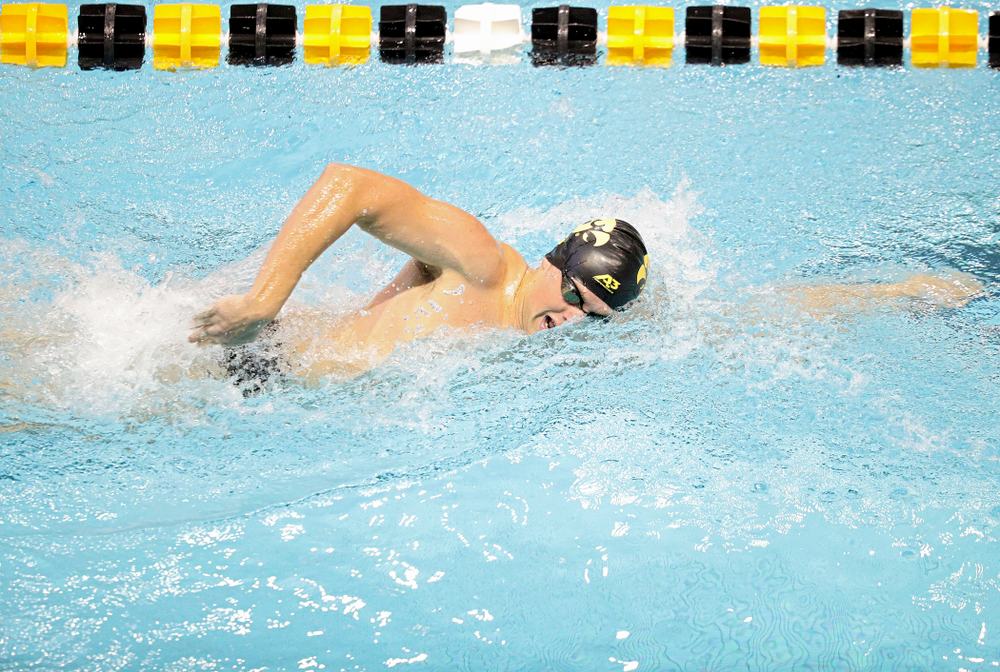 Iowa’s Evan Holt swims the men’s 1000-yard freestyle event during their meet against Michigan State and Northern Iowa at the Campus Recreation and Wellness Center in Iowa City on Friday, Oct 4, 2019. (Stephen Mally/hawkeyesports.com)