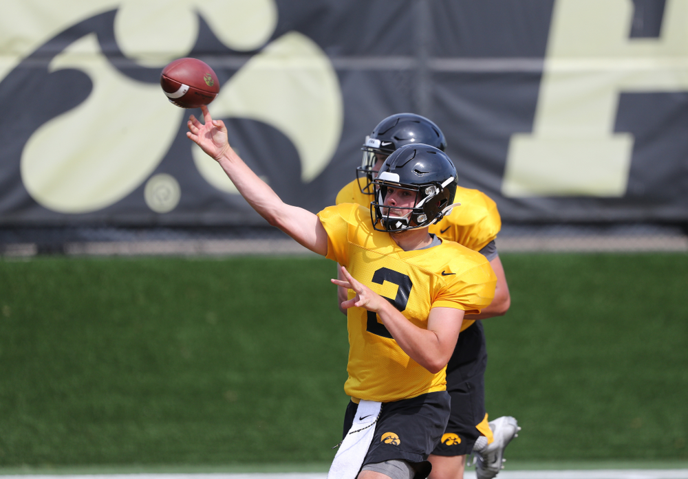 Iowa Hawkeyes quarterback Peyton Mansell (2) during Fall Camp Practice No. 4 Monday, August 5, 2019 at the Ronald D. and Margaret L. Kenyon Football Practice Facility. (Brian Ray/hawkeyesports.com)