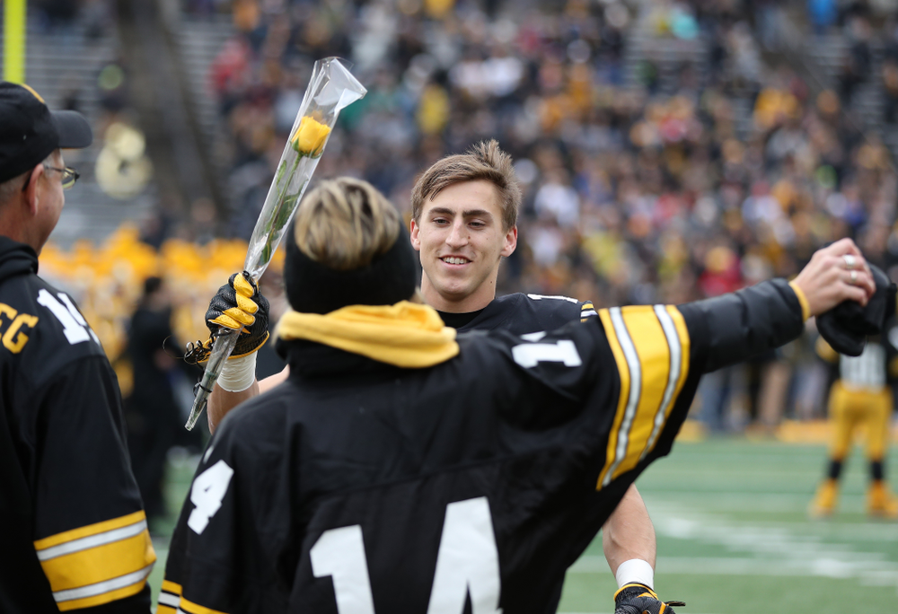 wide receiver Kyle Groeneweg (14) during senior day activities before their game against the Nebraska Cornhuskers Friday, November 23, 2018 at Kinnick Stadium. (Brian Ray/hawkeyesports.com)