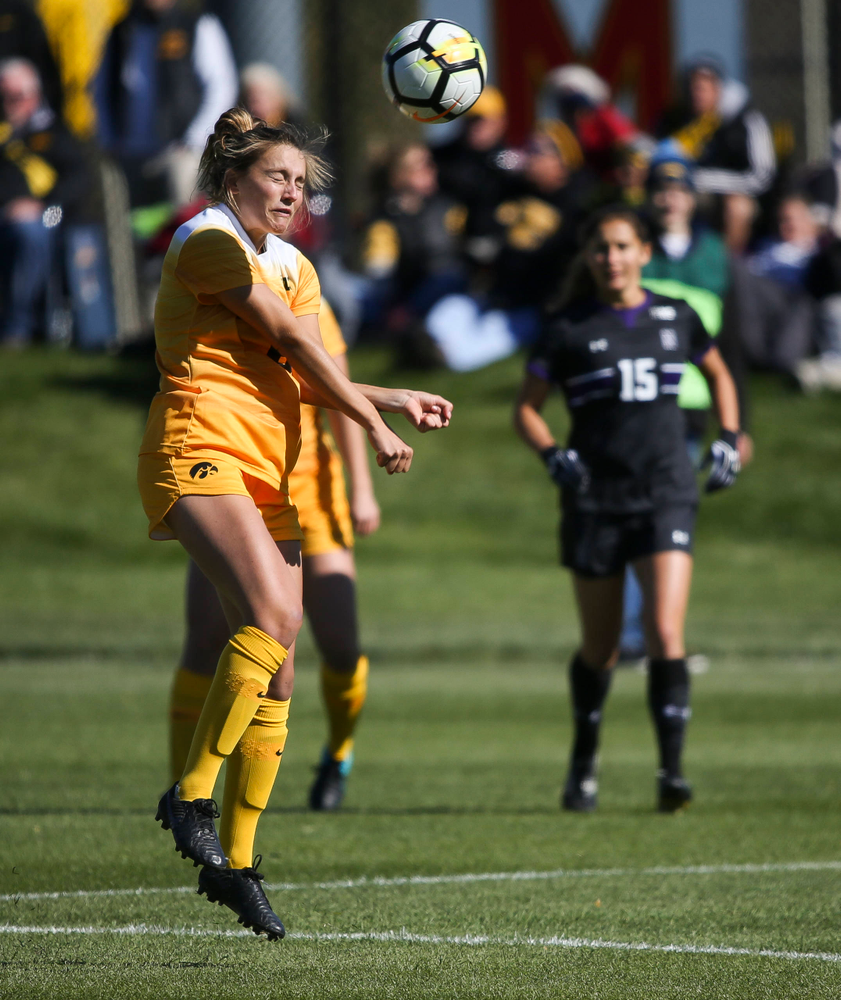 Iowa Hawkeyes midfielder Isabella Blackman (6) heads the ball during a game against Northwestern at the Iowa Soccer Complex on October 21, 2018. (Tork Mason/hawkeyesports.com)