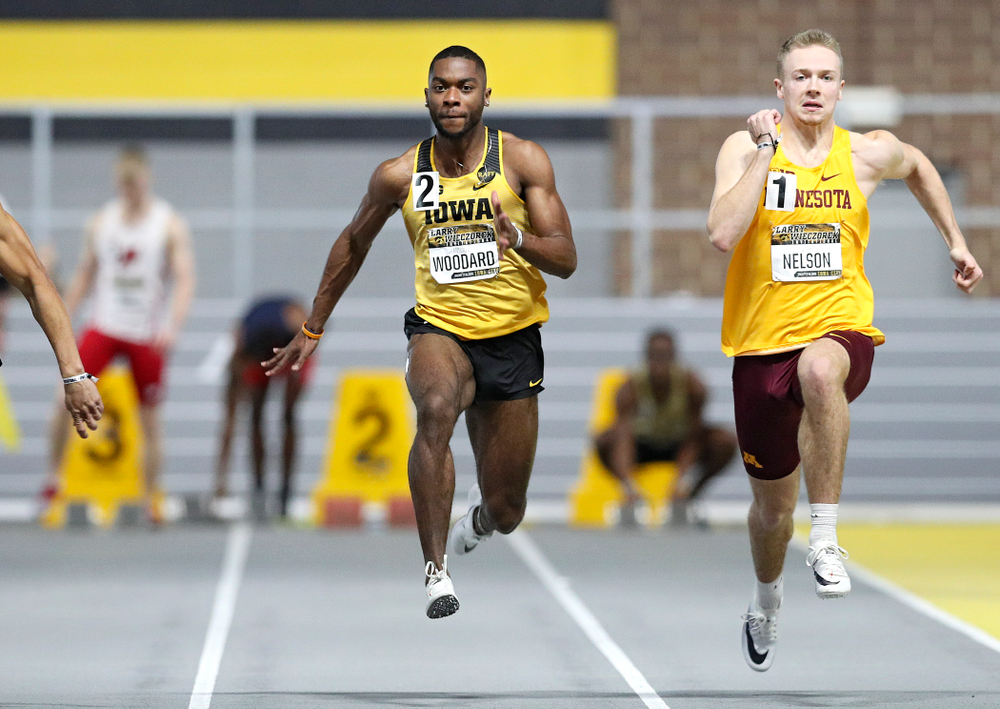 Iowa’s Antonio Woodard runs the men’s 60 meter dash premier preliminary event during the Larry Wieczorek Invitational at the Recreation Building in Iowa City on Saturday, January 18, 2020. (Stephen Mally/hawkeyesports.com)