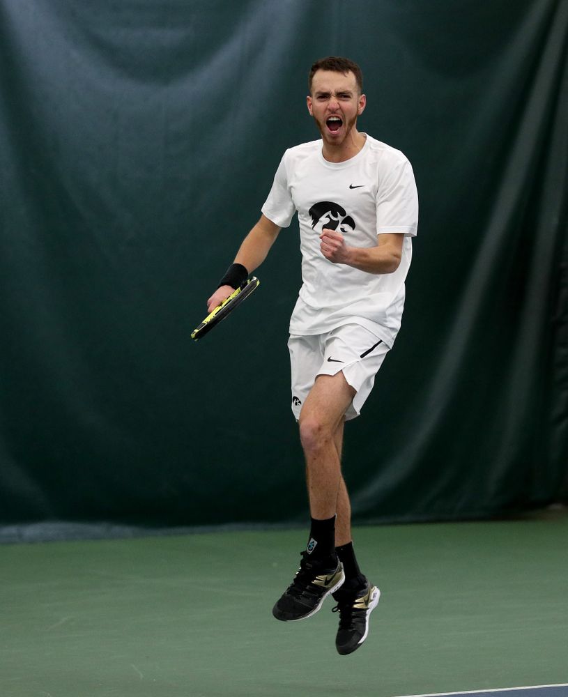 Iowa’s Karem Allaf and Nikita Snezhko play a doubles match against Cornell Sunday, March 8, 2020 at the Hawkeye Tennis and Recreation Center. (Brian Ray/hawkeyesports.com)