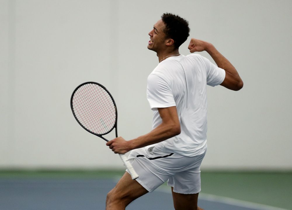 Iowa’s Oliver Okonkwo against Cornell Sunday, March 8, 2020 at the Hawkeye Tennis and Recreation Center. (Brian Ray/hawkeyesports.com)