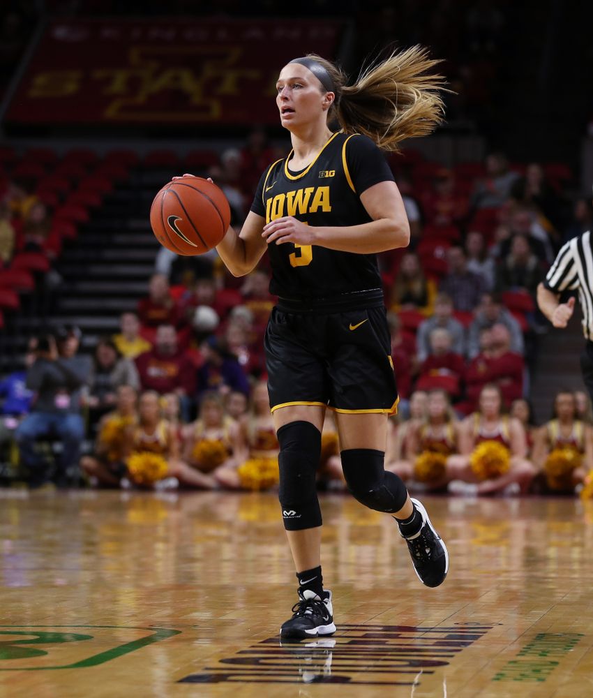 Iowa Hawkeyes guard Makenzie Meyer (3) against the Iowa State Cyclones Wednesday, December 11, 2019 at Hilton Coliseum in Ames, Iowa(Brian Ray/hawkeyesports.com)