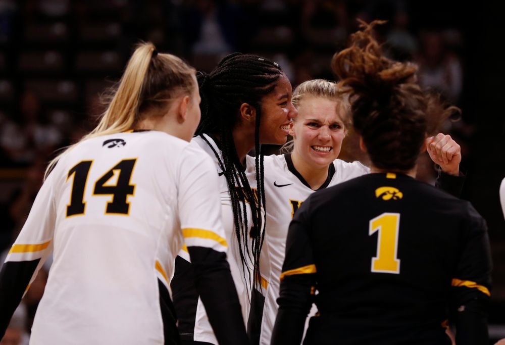 Iowa Hawkeyes middle blocker Amiya Jones (9) against the Michigan State Spartans Friday, September 21, 2018 at Carver-Hawkeye Arena. (Brian Ray/hawkeyesports.com)