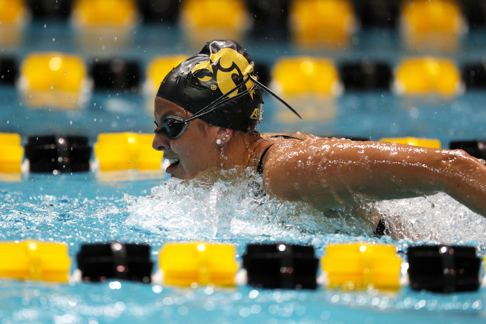 Iowa's Morgan Grout swims the 200-yard butterfly against the Iowa State Cyclones in the Iowa Corn Cy-Hawk Series Friday, December 7, 2018 at at the Campus Recreation and Wellness Center. (Brian Ray/hawkeyesports.com)