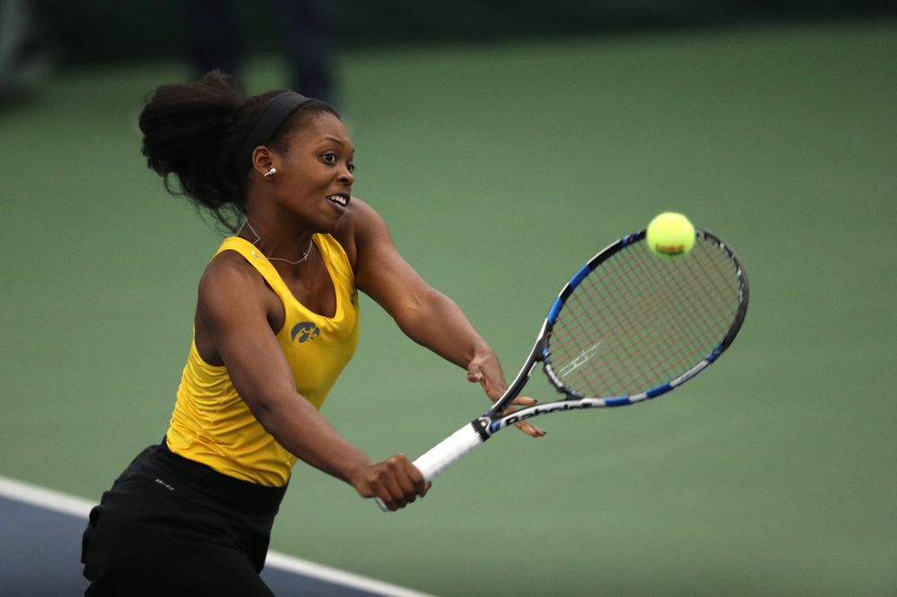 Iowa's Adorabol Huckleby plays a doubles match against Xavier Friday, January 18, 2019 at the Hawkeye Tennis and Recreation Center. (Brian Ray/hawkeyesports.com)