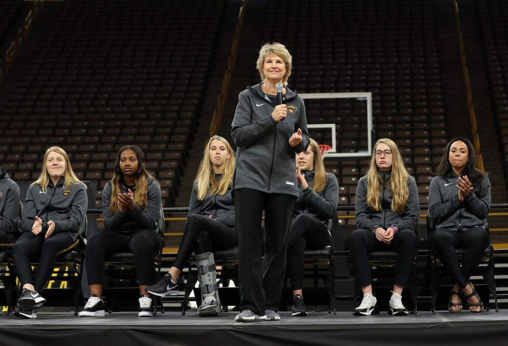 Iowa Hawkeyes head coach Lisa Bluder addressed the crowd during the teamÕs Celebr-Eight event Wednesday, April 24, 2019 at Carver-Hawkeye Arena. (Brian Ray/hawkeyesports.com)