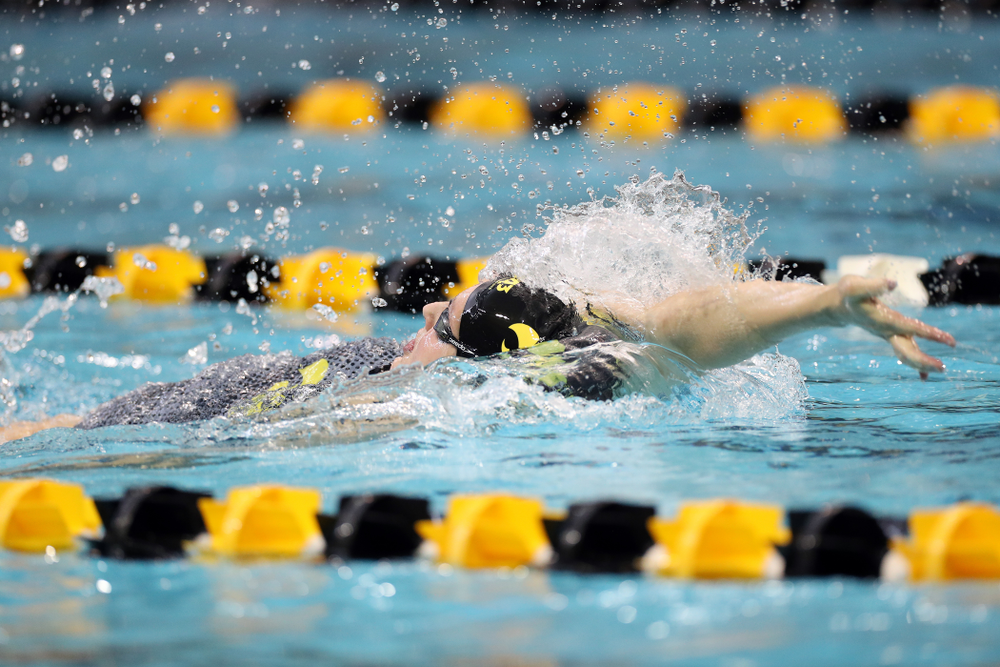 IowaÕs Emily Sansome swims the 100 yard backstroke against the Michigan Wolverines Friday, November 1, 2019 at the Campus Recreation and Wellness Center. (Brian Ray/hawkeyesports.com)