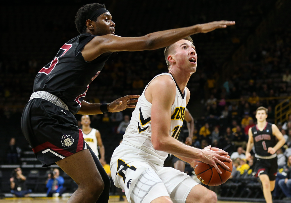 Iowa Hawkeyes guard Joe Wieskamp (10) goes up for a shot during a game against Guilford College at Carver-Hawkeye Arena on November 4, 2018. (Tork Mason/hawkeyesports.com)