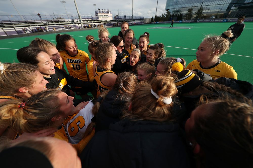 The Iowa Hawkeyes celebrate their victory against the Michigan Wolverines in the semi-finals of the Big Ten Tournament Friday, November 2, 2018 at Lakeside Field on the campus of Northwestern University in Evanston, Ill. (Brian Ray/hawkeyesports.com)