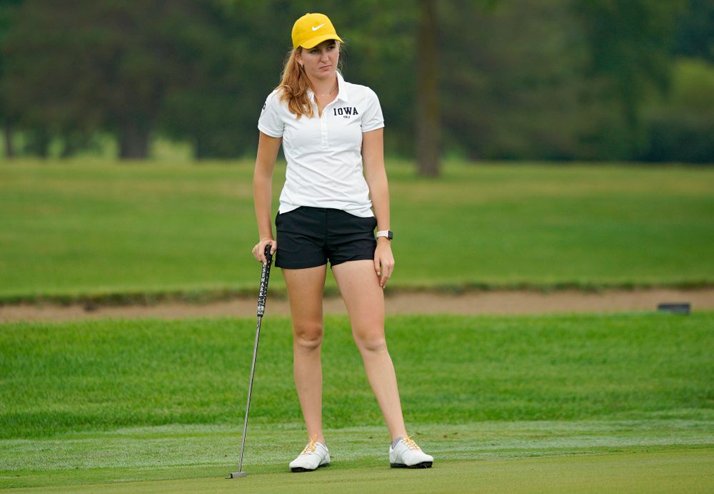 Iowa’s Annalee Dannegger waits to putt during their dual against Northern Iowa at Pheasant Ridge Golf Course in Cedar Falls on Monday, Sep 2, 2019. (Stephen Mally/hawkeyesports.com)