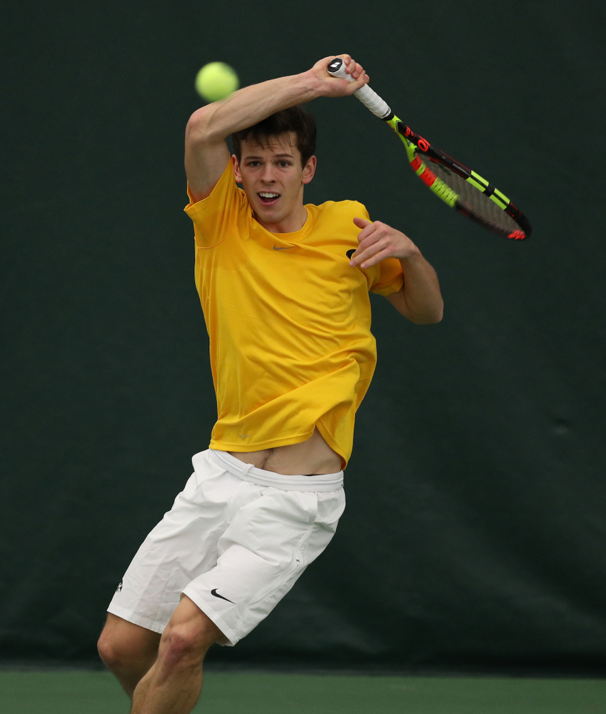 Pitor Smietana against Utah Sunday, February 10, 2019 at the Hawkeye Tennis and Recreation Complex. (Brian Ray/hawkeyesports.com)