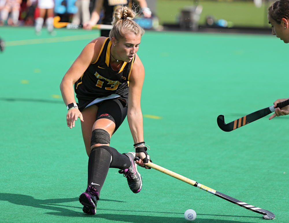 Iowa’s Leah Zellner (13) tries to control the ball during the first quarter of their match at Grant Field in Iowa City on Friday, Oct 4, 2019. (Stephen Mally/hawkeyesports.com)