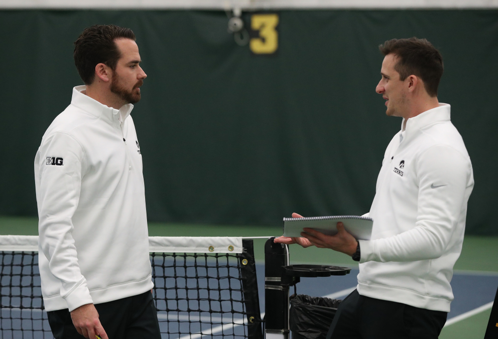 Iowa Hawkeyes head coach Ross Wilson and assistant coach Joey Manilla against the Butler Bulldogs Sunday, January 27, 2019 at the Hawkeye Tennis and Recreation Complex. (Brian Ray/hawkeyesports.com)