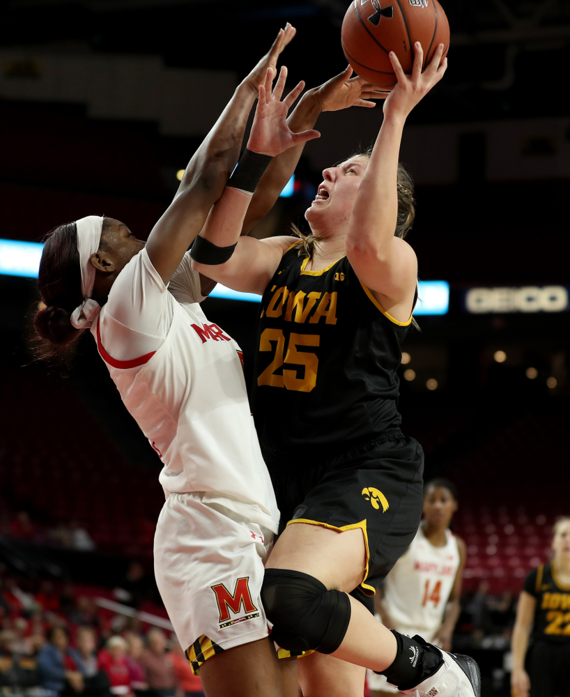 Iowa Hawkeyes forward/center Monika Czinano (25) against the Maryland Terrapins Thursday, February 13, 2020 at the Xfinity Center in College Park, MD. (Brian Ray/hawkeyesports.com)