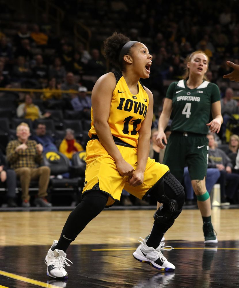 Iowa Hawkeyes guard Tania Davis (11) against the Michigan State Spartans Thursday, February 7, 2019 at Carver-Hawkeye Arena. (Brian Ray/hawkeyesports.com)