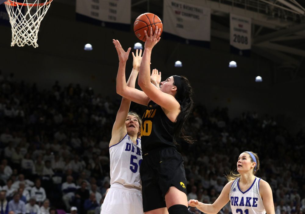 Iowa Hawkeyes forward Megan Gustafson (10) against the Drake Bulldogs Friday, December 21, 2018 at the Knapp Center in Des Moines. (Brian Ray/hawkeyesports.com)