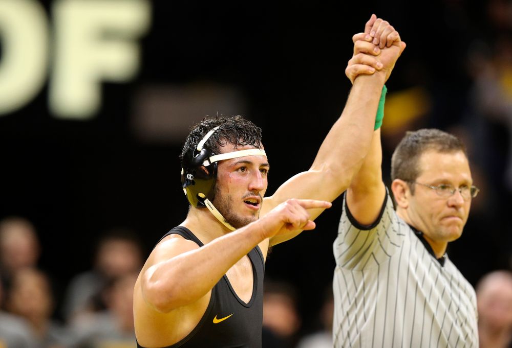 Iowa’s Michael Kemerer celebrates after his 11-6 decision over Penn State’s Mark Hall in his 174-pound match during their dual at Carver-Hawkeye Arena in Iowa City on Friday, January 31, 2020. (Stephen Mally/hawkeyesports.com)
