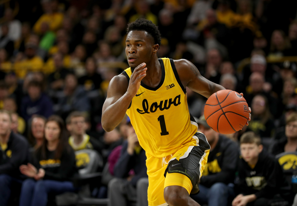Iowa Hawkeyes guard Joe Toussaint (1) against the Nebraska Cornhuskers Saturday, February 8, 2020 at Carver-Hawkeye Arena. (Brian Ray/hawkeyesports.com)