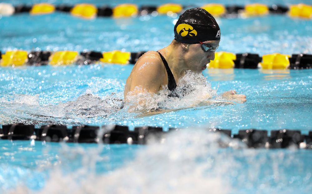 Iowa's Sage Ohlensehlen competes in the 100-yard breaststroke during the third day of the Hawkeye Invitational at the Campus Recreation and Wellness Center on November 16, 2018. (Tork Mason/hawkeyesports.com)