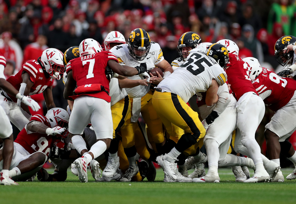 Iowa Hawkeyes quarterback Nate Stanley (4) against the Nebraska Cornhuskers Friday, November 29, 2019 at Memorial Stadium in Lincoln, Neb. (Brian Ray/hawkeyesports.com)